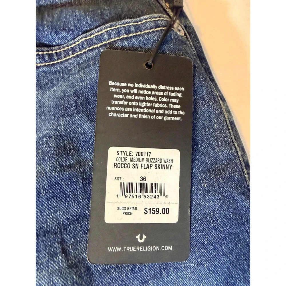 True Religion Rocco Relaxed Skinny Jeans Medium Blizzard Wash 700117 Mens 36x32